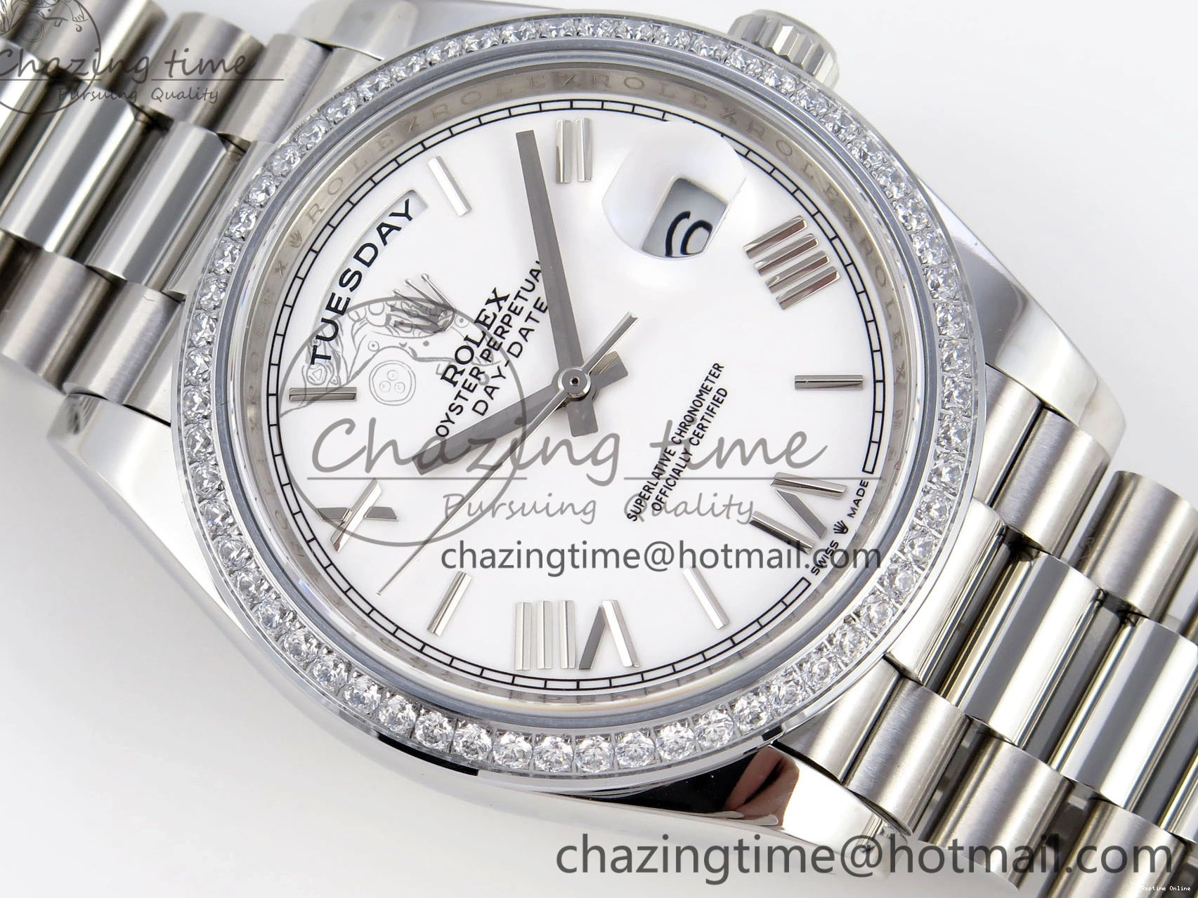 1224 DayDate 40 SS GSF Gain Weight White Roman Dial Diamonds Bezel on President Bracelet A Sustainable 1920